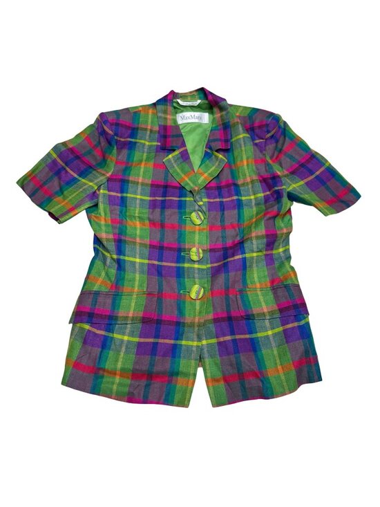 Max Mara Jackets & Blazers - Vintage Max Mara Women's 100% Linen SS Multicolor Plaid Button Jacket, Size M